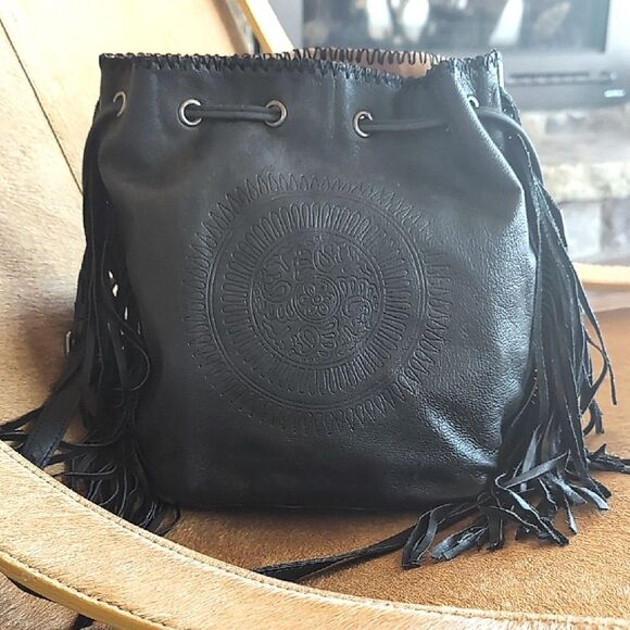 Patricia Nash Nicoletta 🖤 Black Leather Fringe Boho Bucket Bag Crossbody - Picture 3 of 16